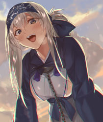 Rule 34 | 10s, 1girl, :d, ainu clothes, bandana, blue eyes, blue ribbon, blush, breasts, chain, chromatic aberration, cloud, commentary request, cowboy shot, cropped jacket, day, folded ponytail, hair ribbon, headband, kabocha (monkey4), kamoi (kancolle), kantai collection, large breasts, long hair, long sleeves, looking at viewer, open mouth, outdoors, ribbon, sideboob, sidelocks, smile, solo, thighhighs, upper body, white hair