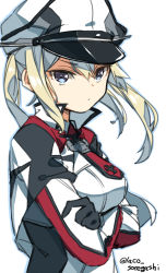 Rule 34 | 1girl, black gloves, blonde hair, blue eyes, capelet, closed mouth, cross, crossed arms, gloves, graf zeppelin (kancolle), hair between eyes, hat, iron cross, kantai collection, laco soregashi, long hair, long sleeves, military, military uniform, one-hour drawing challenge, peaked cap, simple background, solo, twintails, uniform, upper body, white background