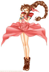 Rule 34 | 1990s (style), 1girl, aerith gainsborough, boots, bow, bracelet, braid, brown hair, circle skirt, clothes lift, cropped jacket, dated, dress, dress lift, closed eyes, final fantasy, final fantasy vii, full body, hair ribbon, jewelry, legs, long dress, long hair, long legs, pink bow, pink dress, retro artstyle, ribbon, single braid, solo, standing, tony taka, very long hair, watermark, web address, white background, wind, wind lift