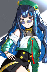 Rule 34 | 1girl, absurdres, bare shoulders, beret, black hair, blue hair, bracelet, colored inner hair, fate/grand order, fate (series), green hat, grey eyes, hands on own hips, hat, highres, jacket, jewelry, long hair, looking at viewer, multicolored hair, smile, solo, sunglasses, tenochtitlan (fate), tenochtitlan (second ascension) (fate), uriuriyukitti