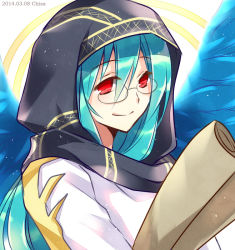 Rule 34 | 1boy, archangel gabriel (p&amp;d), artist name, bad id, bad pixiv id, blue hair, chisa, dated, glasses, halo, hood, long hair, long sleeves, male focus, puzzle &amp; dragons, red eyes, scroll, simple background, smile, solo, white background