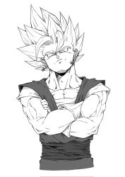 1boy crossed_arms dougi dragon_ball dragonball_z earrings greyscale highres jewelry male_focus medium_hair monochrome muscular muscular_male potara_earrings simple_background solo son_gohan_love spiked_hair upper_body vegetto white_background