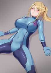 Rule 34 | 1girl, absurdres, amayo thranana, blonde hair, blue bodysuit, blush, bodysuit, breasts, closed eyes, closed mouth, covered navel, grey background, highres, large breasts, long hair, lying, metroid, mole, mole under mouth, nintendo, on back, ponytail, samus aran, simple background, skin tight, solo, spread legs, unconscious, zero suit