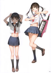 Rule 34 | 2girls, ;d, absurdres, arms up, black hair, black socks, brown eyes, brown footwear, collared shirt, floating hair, full body, grey sailor collar, grey skirt, highres, kantoku, kneehighs, loafers, long hair, looking at viewer, midriff, miniskirt, mouth hold, multiple girls, navel, neckerchief, one eye closed, open mouth, original, page number, pleated skirt, red neckerchief, sailor collar, sailor shirt, school uniform, see-through silhouette, serafuku, shirt, shoes, short sleeves, simple background, skirt, smile, socks, standing, stomach, twintails, tying hair, white background, white shirt