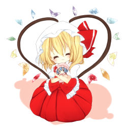 Rule 34 | 1girl, a-iueo, bat wings, blonde hair, blue hair, character doll, crossed arms, hugging doll, dress, closed eyes, female focus, flandre scarlet, hat, hat ribbon, heart, heart wings, highres, hugging object, pink dress, puffy sleeves, remilia scarlet, ribbon, shirt, short sleeves, sitting, skirt, smile, solo, touhou, white background, wings, | |