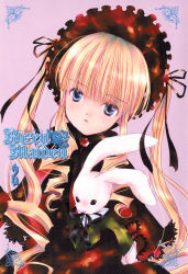 Rule 34 | 00s, 1girl, blonde hair, blue eyes, bonnet, capelet, copyright name, drill hair, grey background, hair ribbon, hat, head tilt, highres, lolita fashion, long hair, looking at viewer, peach-pit, rabbit, ribbon, rozen maiden, shinku, simple background, solo, twintails, upper body