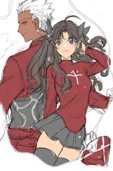 Rule 34 | 1boy, 1girl, archer (fate), black ribbon, black skirt, black thighhighs, blue eyes, brown hair, fate/stay night, fate (series), highres, looking at viewer, red shirt, ribbon, shimatori (sanyyyy), shirt, simple background, skirt, smile, thighhighs, thighs, tohsaka rin, white background, white hair, yellow eyes