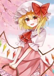 Rule 34 | 1girl, basket, blonde hair, blue sky, blush, bow, bowtie, cherry blossoms, cloud, cloudy sky, crystal, eyelashes, fang, flandre scarlet, flower, frills, grey shirt, hair between eyes, hat, hat bow, highres, jewelry, looking at viewer, mob cap, multicolored wings, one side up, open mouth, pink flower, pink skirt, pink vest, puffy short sleeves, puffy sleeves, red bow, red bowtie, red eyes, shirt, short hair, short sleeves, skirt, sky, smile, solo, standing, tongue, touhou, tree, vest, white hat, wings
