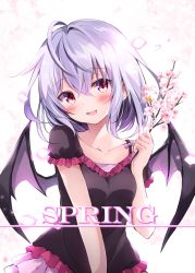 Rule 34 | 1girl, :d, ahoge, alternate costume, bad id, bad twitter id, bat wings, black shirt, blush, bow, bra strap, branch, breasts, casual, cherry blossoms, collarbone, commentary request, cover, flower, frills, hair between eyes, hand up, head tilt, holding, holding branch, hyurasan, light purple hair, looking at viewer, no headwear, open mouth, petals, pink background, pink bow, pink eyes, pink flower, pink skirt, red eyes, remilia scarlet, shirt, short hair, short sleeves, sidelocks, skirt, small breasts, smile, solo, touhou, upper body, wings