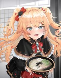 Rule 34 | 1girl, absurdres, akai haato, akai haato (gothic lolita), black dress, blonde hair, blue eyes, blush, bowl, breasts, bug, cooking, dress, egg (food), eyes visible through hair, fang, food, gothic lolita, hair ornament, heart, heart hair ornament, highres, hololive, korean commentary, large breasts, lolita fashion, looking at viewer, min-tami, noodles, open mouth, pot, red skirt, skin fang, skirt, smile, spider, twintails, virtual youtuber, x hair ornament