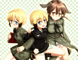 Rule 34 | 3girls, animal ears, blonde hair, blue eyes, blush, book, boots, brown eyes, brown hair, dog ears, erica hartmann, gertrud barkhorn, glasses, hand on shoulder, hug, itsuki kuro, locked arms, military, military uniform, multicolored hair, multiple girls, open mouth, panties, short hair, siblings, sisters, smile, strike witches, strike witches: suomus misfits squadron, tail, twins, twintails, two-tone hair, underwear, uniform, ursula hartmann, world witches series