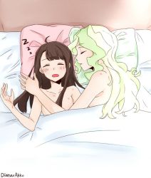 Rule 34 | 10s, 2girls, aftersex, bad id, bad twitter id, bed, bed sheet, blanket, blonde hair, brown hair, commentary request, diana cavendish, closed eyes, hickey, kagari atsuko, little witch academia, multiple girls, nude, raisun, sleeping, yuri