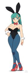 Rule 34 | 1980s (style), 1girl, angry, animal ears, aqua eyes, aqua hair, arm at side, artist name, bare arms, bare shoulders, black leotard, blue pantyhose, blunt bangs, bow, bowtie, breasts, bulma, cleavage, closed mouth, detached collar, dragon ball, dragon ball (classic), fake animal ears, female focus, full body, hand on own hip, high heels, highres, large breasts, leotard, long hair, looking away, matching hair/eyes, mr. steaks, neck, oldschool, pantyhose, playboy bunny, rabbit ears, red bow, red bowtie, red footwear, retro artstyle, serious, shadow, simple background, solo, standing, straight hair, strapless, strapless leotard, white background, wide hips, wrist cuffs