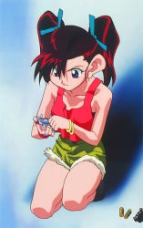 Rule 34 | 1girl, asymmetrical bangs, bakusou kyoudai let&#039;s &amp; go!!, bracelet, holding, jewelry, long hair, oogami marina, red hair, short hair, solo, squatting, tank top, twintails