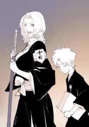 Rule 34 | 1boy, 1girl, aged down, artist name, black kimono, bleach, breasts, cleavage, closed eyes, from side, gradient background, hitsugaya toushirou, holding, holding paper, holding sword, holding weapon, japanese clothes, jewelry, kimono, large breasts, looking at viewer, looking to the side, maotai, matsumoto rangiku, medium hair, necklace, open mouth, paper, short hair, simple background, sword, weapon, wide sleeves