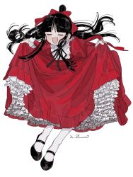 Rule 34 | 1girl, ace attorney, black hair, blunt bangs, blush, closed eyes, clothes lift, dress, frilled skirt, frills, hair bun, highres, juliet sleeves, long hair, long sleeves, mary janes, maya fey, omen hohoho, open mouth, puffy sleeves, red dress, ribbon, shoes, signature, skirt, skirt lift, smile, solo, white background