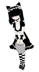 Rule 34 | 1girl, animal ears, apron, bbtan, black dress, black footwear, black hair, black thighhighs, blush, bow, bowtie, cat ears, dress, goth fashion, hair over eyes, headdress, highres, lucy loud, maid, maid apron, maid headdress, nervous, nervous smile, nickelodeon, shoes, short hair, short sleeves, smile, striped clothes, striped thighhighs, sweat, the loud house, thighhighs, white background, white neckwear, wrist cuffs
