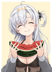 Rule 34 | 1girl, ahoge, bikini, black bikini, blush, border, breasts, cleavage, closed eyes, closed mouth, collarbone, facing viewer, food, fruit, grey hair, hair between eyes, headband, highres, holding, holding food, holding fruit, kantai collection, kodama (mmt uf), large breasts, long hair, official alternate costume, outside border, smile, solo, suzutsuki (kancolle), swimsuit, upper body, watermelon, white border, white headband