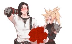 Rule 34 | 1boy, 1girl, arm behind head, armor, asymmetrical clothes, asymmetrical hair, black hair, blonde hair, blue eyes, bouquet, cloud strife, dishwasher1910, dog tags, earrings, elbow gloves, final fantasy, final fantasy vii, final fantasy vii remake, flower, genderswap, genderswap (ftm), genderswap (mtf), gloves, hair ornament, hairclip, highres, jewelry, ponytail, red eyes, rose, shoulder armor, simple background, sleeveless, sleeveless turtleneck, spiked hair, square enix, suspenders, tifa lockhart, turtleneck, white background