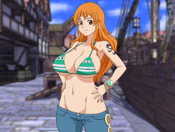 Rule 34 | 1girl, armpits, bare shoulders, bikini, bikini top only, bracelet, breasts, brown eyes, cleavage, covered erect nipples, game cg, groin, hands on own hips, highres, huge breasts, jewelry, legs, lento (glamour works), long hair, looking at viewer, nami (one piece), navel, one piece, orange hair, pants, ship, smile, solo, standing, swimsuit, tattoo, thighs, watercraft, wide hips