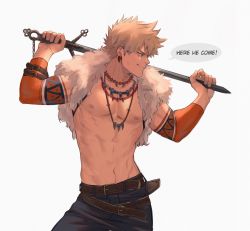 Rule 34 | 1boy, bakugou katsuki, belt, blonde hair, boku no hero academia, brown belt, chain, closed mouth, commentary, contrapposto, cowboy shot, earrings, english commentary, english text, fantasy, fur trim, grey background, hands up, highres, holding, holding sword, holding weapon, jewelry, keva (liltkeva), looking to the side, male focus, necklace, nipples, official alternate costume, over shoulder, pants, short hair, simple background, smile, solo, speech bubble, sword, sword over shoulder, toned, toned male, tooth earrings, tooth necklace, weapon, weapon over shoulder