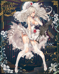 Rule 34 | 1girl, assault rifle, beret, blush, bouquet, braid, breasts, bridal veil, bride, bullet, character name, choker, cleavage, clothes lift, covering crotch, covering privates, crossed legs, damaged, dress, dress lift, elbow gloves, flower, full body, g36c (girls&#039; frontline), garter straps, girls&#039; frontline, gloves, gun, h&amp;k g36c, hair over one eye, hand up, hat, high heels, lace, lace-trimmed legwear, lace trim, large breasts, lifting own clothes, long hair, looking at viewer, official alternate costume, official art, open mouth, parsley-f, petals, red eyes, red flower, red rose, rifle, rose, shell casing, side braid, sidelocks, silver hair, solo, strapless, strapless dress, thighhighs, torn clothes, veil, very long hair, watson cross, wavy hair, weapon, wedding dress, white dress, white footwear, white gloves, white hat, white thighhighs