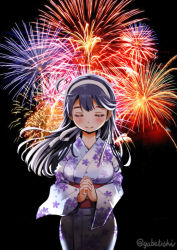 Rule 34 | 1girl, ahoge, blush, breasts, closed eyes, fireworks, floral print, hairband, own hands clasped, highres, japanese clothes, kantai collection, kimono, large breasts, light smile, long hair, own hands together, print kimono, purple hair, sogabe toshinori, solo, twitter username, ushio (kancolle)
