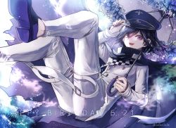Rule 34 | 1boy, artist name, black footwear, black hair, black hat, blue flower, cape, checkered clothes, checkered scarf, commentary request, danganronpa (series), danganronpa v3: killing harmony, dated, flower, happy birthday, hat, jacket, long sleeves, looking at viewer, male focus, oma kokichi, pants, purple eyes, purple hair, scarf, short hair, smile, solo, straitjacket, torn clothes, twitter username, umbrella, z-epto (chat-noir86)