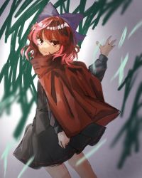 Rule 34 | 1girl, blurry, bow, cape, dark, depth of field, expressionless, feet out of frame, hair bow, high collar, highres, long sleeves, looking at viewer, miniskirt, nanataru10, one-hour drawing challenge, outdoors, red eyes, red hair, sekibanki, serious, short hair, skirt, solo, standing, touhou
