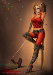 Rule 34 | 1girl, against wall, batman (series), belt, blonde hair, blood, boots, breasts, choker, clown, covered erect nipples, dc comics, elbow gloves, emilia paw, gloves, harley quinn, high heel boots, high heels, large breasts, looking at viewer, makeup, mask, midriff, nipples, red eyes, shoes, skin tight, smile, solo, sword, tank top, thigh boots, thighhighs, twintails, watermark, weapon