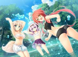 Rule 34 | 3girls, armpits, arms up, ass, blonde hair, blue eyes, breasts, flat chest, forest, game cg, green eyes, highres, large breasts, legs, long hair, looking at viewer, multiple girls, nature, navel, purple hair, red hair, river, sarashi, sengoku koihime: otome kenran sengoku emaki, short hair, skirt, small breasts, smile, standing, tail, thighs, tree, water, yellow eyes