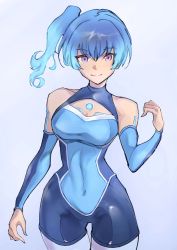 Rule 34 | 1girl, armpits, blue hair, blue sky, bodysuit, breasts, chest jewel, commentary request, detached sleeves, diving suit, fiery hair, glowing lines, highres, legs together, looking at viewer, medium breasts, off shoulder, official alternate costume, sena (xenoblade), side ponytail, sky, smile, solo, swimsuit, ug333333, wetsuit, xenoblade chronicles (series), xenoblade chronicles 3
