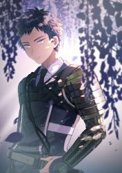 Rule 34 | 1boy, aiguillette, armor, atsushi toushirou, black hair, black jacket, black necktie, blue eyes, buttons, chest guard, closed mouth, collared shirt, dappled sunlight, double-breasted, flower, frown, grey background, grey eyes, holding, holding sword, holding weapon, jacket, japanese armor, kote, long sleeves, looking at viewer, male focus, motion blur, nature, necktie, petals, shirt, short hair, short sword, shoulder armor, sode, solo, sunlight, sword, tantou, touken ranbu, upper body, weapon, white shirt, wisteria, yuu (pixiv3042074)