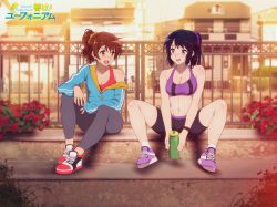 Rule 34 | 2girls, :d, bare shoulders, bike shorts, black hair, blue jacket, blurry, blurry background, blush, bottle, breasts, brown eyes, building, cleavage, collarbone, copyright name, day, depth of field, eye contact, fence, flower, full body, hair ornament, hair scrunchie, hibike! euphonium, highres, holding, holding bottle, jacket, kousaka reina, long sleeves, looking at another, medium breasts, multiple girls, navel, off shoulder, on ground, open clothes, open jacket, open mouth, oumae kumiko, outdoors, pants, plant, ponytail, potted plant, purple eyes, purple footwear, red flower, red footwear, sbel02, scrunchie, shoes, short hair, short ponytail, single bare shoulder, sitting, sleeves past wrists, smile, sneakers, socks, spread legs, stomach, sunlight, teeth, town, track jacket, upper teeth only, wristband, yoga pants