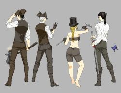 Rule 34 | 1girl, 3boys, arizuka (catacombe), ass, bare shoulders, barefoot, black bow, black footwear, black hair, black headwear, black pants, bloodborne, boots, bow, braid, brown footwear, brown pants, butt crack, cane, character request, dimples of venus, from behind, grey hair, hair bow, hammer, hat, highres, holding, holding cane, holding hammer, hunter (bloodborne), knee boots, long hair, multiple boys, pants, ponytail, sheath, sheathed, short hair, standing, top hat, tricorne, weapon