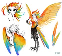 Rule 34 | 1girl, absurdres, artist name, bird tail, black eyes, blush, claws, closed mouth, colorful, fewer digits, flower, hair flower, hair ornament, harpy, highres, long hair, looking at viewer, matilda fiship, monster girl, multicolored hair, multicolored wings, multiple views, original, rainbow gradient, sanpaku, simple background, smile, spread wings, standing, tail, talons, thumbs up, white background, wings