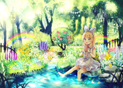 Rule 34 | 1girl, barefoot, blonde hair, blouse, blush, bread, day, food, green eyes, hairband, highres, holding, holding food, looking away, md5 mismatch, medium hair, niikura kaori, open mouth, original, outdoors, rabbit, rainbow, resolution mismatch, shirt, sitting, skirt, sleeveless, sleeveless shirt, smile, soaking feet, solo, source smaller, striped clothes, striped skirt, teeth, tree, upper teeth only, vertical-striped clothes, vertical-striped skirt, water, white shirt