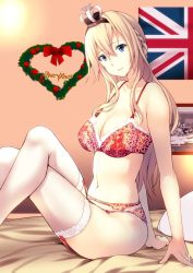 Rule 34 | 10s, 1girl, arm support, blonde hair, blue eyes, bra, braid, breasts, collarbone, commentary request, crossed legs, crown, english text, engrish text, artistic error, french braid, from side, garter belt, garter straps, hair between eyes, headband, heart, hms warspite, indoors, jewelry, kantai collection, kuurunaitsu, large breasts, long hair, merry christmas, mini crown, navel, on bed, open mouth, ornate ring, panties, photo (object), pillow, ranguage, red bra, red panties, ring, sitting, smile, solo, thighhighs, underwear, underwear only, union jack, warspite (kancolle), wedding ring, white thighhighs, wreath