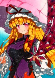 Rule 34 | 1girl, bad id, bad pixiv id, blonde hair, blue background, bow, breasts, dress, gap (touhou), hair bow, hat, hat ribbon, holding, holding umbrella, large breasts, long sleeves, looking at viewer, mob cap, open mouth, pink eyes, pink umbrella, qqqrinkappp, red bow, red ribbon, ribbon, solo, tabard, touhou, traditional media, umbrella, upper body, white dress, white hat, wide sleeves, yakumo yukari