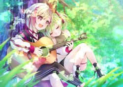 Rule 34 | 2girls, absurdres, breasts, choker, collarbone, commission, delruki, delutaya, green hair, highres, instrument, jacket, kiruno ruki, leaning on person, leaning to the side, mihayuuno, multicolored hair, multiple girls, music, playing instrument, purple eyes, red choker, red hair, second-party source, short hair, silver hair, skeb commission, skindentation, sleeping, sleeping on person, small breasts, streaked hair, thigh strap, twintails, virtual youtuber, white jacket