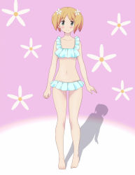 Rule 34 | 1girl, barefoot, bikini, blonde hair, blush, breasts, feet, flower, green eyes, hair flower, hair ornament, highres, looking at viewer, navel, sakura trick, screencap, short hair, small breasts, smile, solo, sonoda yuu, stitched, swimsuit, third-party edit, twintails
