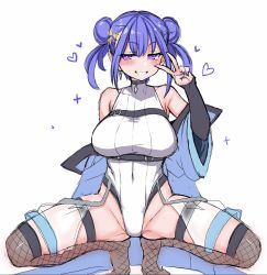 Rule 34 | 1girl, bare shoulders, blue hair, breasts, chest belt, covered navel, double bun, duel monster, evil twin lil-la, grin, groin, hair bun, heart, highres, jacket, jacket partially removed, large breasts, leotard, lil-la (yu-gi-oh!), nail polish, purple eyes, senbei (avocadochaya), simple background, smile, solo, spread legs, squatting, v, white background, yu-gi-oh!