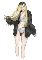 1girl black_hair black_hoodie blonde_hair breasts cleavage gradient_hair grey_panties grey_sports_bra hair_over_one_eye hand_in_own_hair highres hood hoodie long_hair looking_at_viewer multicolored_hair navel open_clothes open_hoodie original panties parted_lips simple_background solo sports_bra taiyou two-tone_hair underwear white_background yellow_eyes