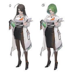 Rule 34 | 1girl, ahoge, black footwear, black hair, black skirt, breasts, brown eyes, brown pantyhose, carrying, carrying under arm, character request, closed mouth, collarbone, girls&#039; frontline, green hair, hair over one eye, hand in pocket, high heels, holding, id card, jewelry, lab coat, long hair, long sleeves, mask, mask pull, medium breasts, mouth mask, multiple views, official art, open clothes, pantyhose, pencil skirt, prototype design, ring, shirt, shoes, short hair, simple background, skirt, standing, surgical mask, watermark, white background, white shirt, whoisshe