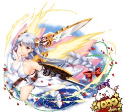 Rule 34 | 1girl, armor, bare shoulders, blush, braid, breasts, dual wielding, elbow gloves, covered erect nipples, female focus, gloves, hair ornament, highres, holding, jewelry, large breasts, light valkyrie (p&amp;d), long hair, puzzle &amp; dragons, red eyes, shinozuka atsuto, silver hair, smile, solo, sword, twin braids, valkyrie, valkyrie (p&amp;d), weapon, wings