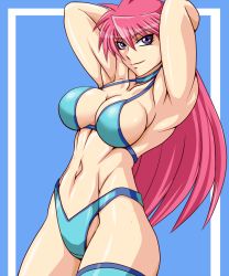 Rule 34 | 1girl, abs, armpits, arms up, bikini, breasts, cleavage, large breasts, long hair, looking at viewer, mighty yukiko, navel, pink hair, purple eyes, smile, solo, swimsuit, taroimo (00120014), wrestle angels, wrestle angels survivor