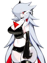Rule 34 | 1girl, bare shoulders, black choker, black gloves, black shorts, black thighhighs, breasts, choker, cleavage, closed mouth, colored inner hair, creatures (company), cropped shirt, elbow gloves, game freak, gardevoir, gen 3 pokemon, gloves, goth fashion, grey hair, highres, large breasts, long hair, looking at viewer, micro shorts, multicolored hair, nintendo, pokemon, pokemon (creature), red eyes, red hair, shorts, simple background, solo, standing, thighhighs, two-tone hair, usa37107692, very long hair, white background, wide hips