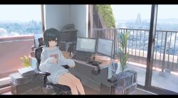 Rule 34 | 1girl, :3, balcony, black hair, blush, brown eyes, building, chair, city, cityscape, closed mouth, cloud, computer, computer tower, desk, drawing tablet, electric fan, file cabinet, foliage, glass door, hand fan, headphones, holding, holding pen, hood, hoodie, indoors, izumi sai, keyboard (computer), legs, letterboxed, long sleeves, looking at viewer, monitor, mountainous horizon, no pants, office chair, original, paper, paper stack, pen, plant, potted plant, scenery, short hair, sitting, sky, skyscraper, smile, solo, swivel chair, white hoodie