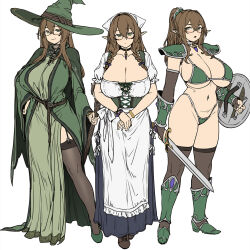 Rule 34 | 1girl, arm guards, armor, bikini, bikini armor, black garter straps, black thighhighs, blush, braid, breasts, brown footwear, brown hair, brown haired glasses elf (houtengeki), brown thighhighs, cleavage, closed mouth, elf, full body, garter straps, glasses, greaves, green armor, green eyes, green footwear, green headwear, hair between eyes, hat, high ponytail, highleg, highleg bikini, highres, holding, holding staff, houtengeki, large breasts, large hat, long hair, long sleeves, looking at viewer, multiple views, navel, open mouth, original, pauldrons, pointy ears, ponytail, shield, short sleeves, shoulder armor, sidelocks, simple background, smile, staff, standing, swimsuit, sword, thighhighs, thighs, twin braids, weapon, white background, white headwear, wide sleeves, witch hat