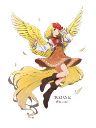Rule 34 | 1girl, animal, animal on head, bird, bird on head, bird tail, bird wings, blonde hair, boots, brown dress, brown footwear, chick, covered navel, dated, dress, feathered wings, full body, highres, knee boots, long sleeves, multicolored hair, niwatari kutaka, on head, red eyes, red hair, shishi osamu, short hair, simple background, solo, tail, touhou, twitter username, two-tone hair, whistle, white background, wings, yellow wings